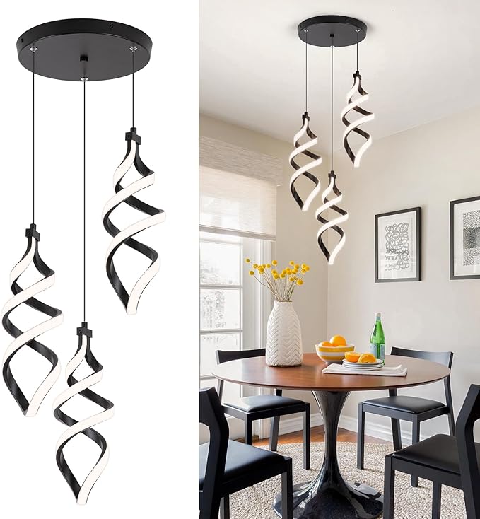 Modern Led Pendant Light Fixture, 45W Black Spiral Led Chandelier Hanging Lamp, 4500K 3 Light Cluster Pendant Lighting, Adjustable Height Pendant Light for Dining Room Bedroom Kitchen Island (3 Light)