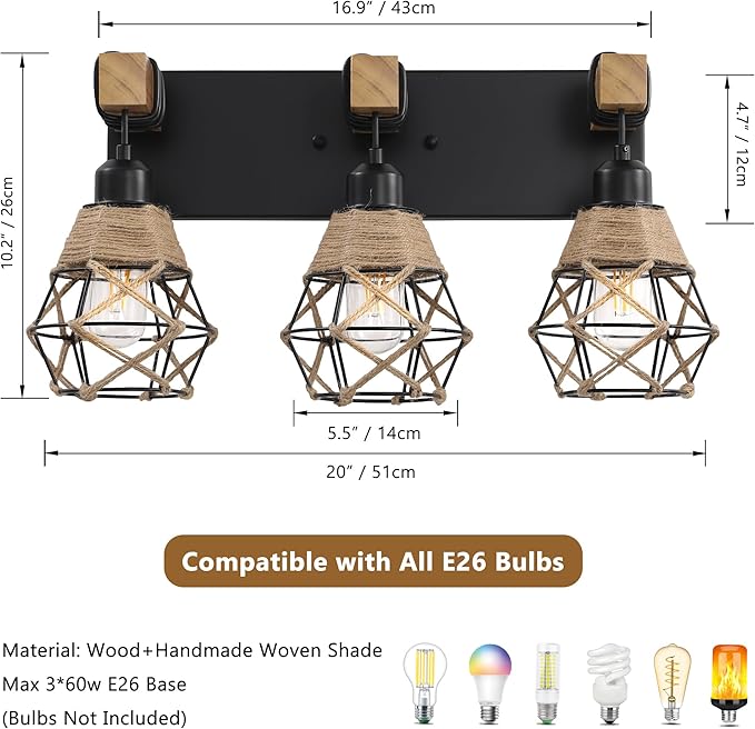LmnLvn Farmhouse Bathroom Light Fixture, 3-Light Black Rattan Vanity Light, Boho Bathroom Light Fixture Over Mirror Rustic Vanity Lighting with Handwoven Shades, Suit for Restroom, Bedroom, Hallway