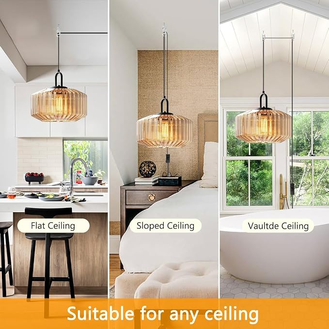 Plug in Pendant Lights Amber Glass Lampshade Large Globe Hanging Lamp Kitchen Island Mid Century Hanging Lamp with 14.7 ft Plug in Cord Swag Style Plug in Light Fixture for Living Room
