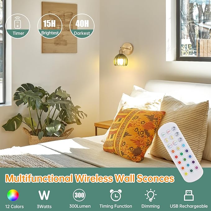 Shenmoyl Vintage Battery Operated Wall Sconce with Green Tulip Glass Lampshade Rechargeable Battery Powered Wall Light with Remote Control for Bedside Bedroom Doorway