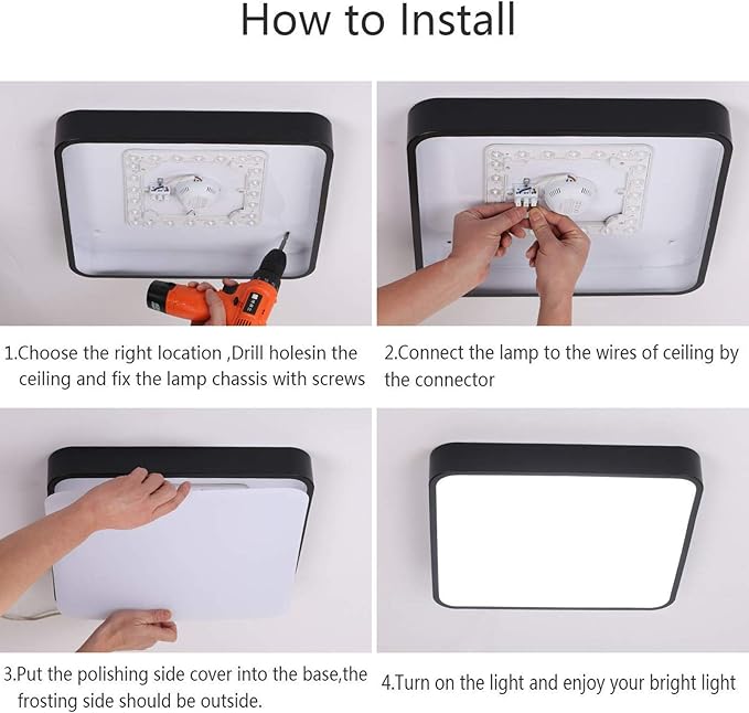 Ganeed 19.6 inch LED Ceiling Light, 39W Black LED Day White 6500K Square Flush Mount Ceiling Lamps, Energy Saving Light Fixture for Office Bedroom Kitchen Hallway Stairways