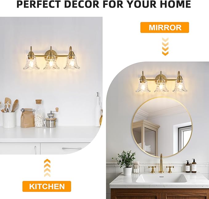 Bathroom Light Fixtures Over Mirror, 3 Lights Vintage Wall Sconces with Hammered Glass Shade, 19.3" Gold Bathroom Wall Light Fixtures for Bedroom, Porch, Hotel, Mirror Cabinet