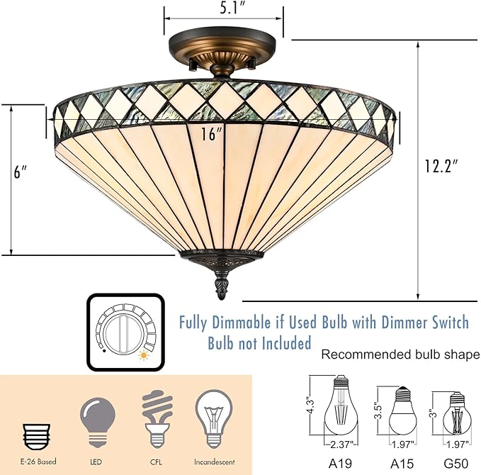DEYNITE Tiffany Style Ceiling Light Stained Glass Shade, 3-Light Black Semi-Flush Light Fixture 16 Inches for Bedroom Hallway Dining-Dimmable, E26 Base