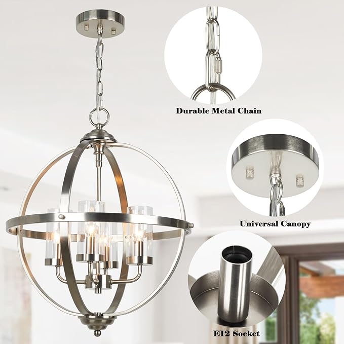 Treekee Chandelier Farmhouse Hanging Lighting, 4-Light Globe Orb Chandelier, Adjustable Modern Farmhouse Pendant Light Fixture for Dining Entryway Foyer, Brushed Nickel Finish