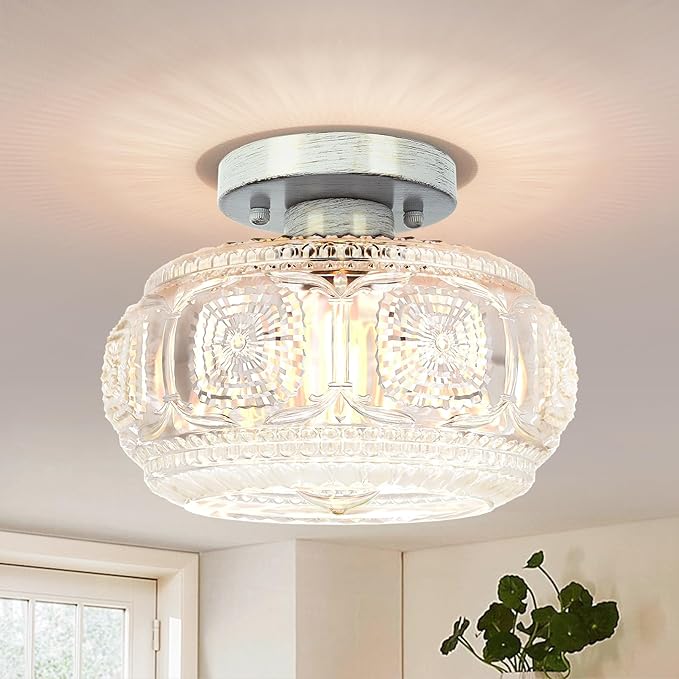 Semi Flush Mount Ceiling Light, Globe Glass Ceiling Light Fixture, Brushed White Oak Modern Lighting for Hallway Bedroom Entryway Kitchen Porch, Bulb Not Included