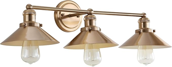 JONATHAN Y 26.5" Brass Gold 3-Light Industrial Farmhouse Metal Vanity Light Wall Sconce, Metal Shade for Bathroom Mirror, Kitchen, Entryway, LED Bulb Included (JYL7431A)