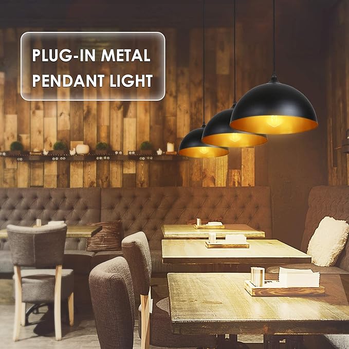 Tomshine Metal Dome Hanging Pendant Lights 2 Pack with 15FT Plug in Cord, On/Off Switch, for E26 Bulbs, Black Barn Pendant Lights for Farmhouse Kitchen, Dining, Bedroom