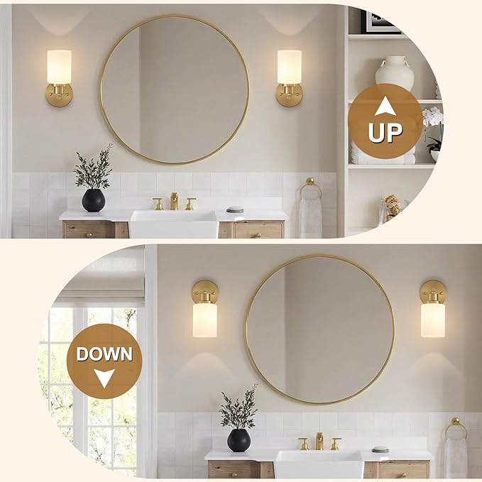 2-Pack, 1-Light Vanity Lights, Brushed Gold Bathroom Light Fixture with Textured Milky White Glass Shade, E26 Modern Vanity Lighting Fixture for Bathroom Wall Sconce