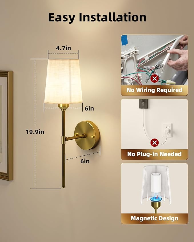 Rechargeable Wall Lights, Battery Operated Wall Sconce Set of 2, 7500mAh, Dimmable, Remote Control, Timer, Magnetic Bulb, 3 Color Temps, RGB, Wireless Wall Lamps, for Bedroom Living Room Hallway Decor