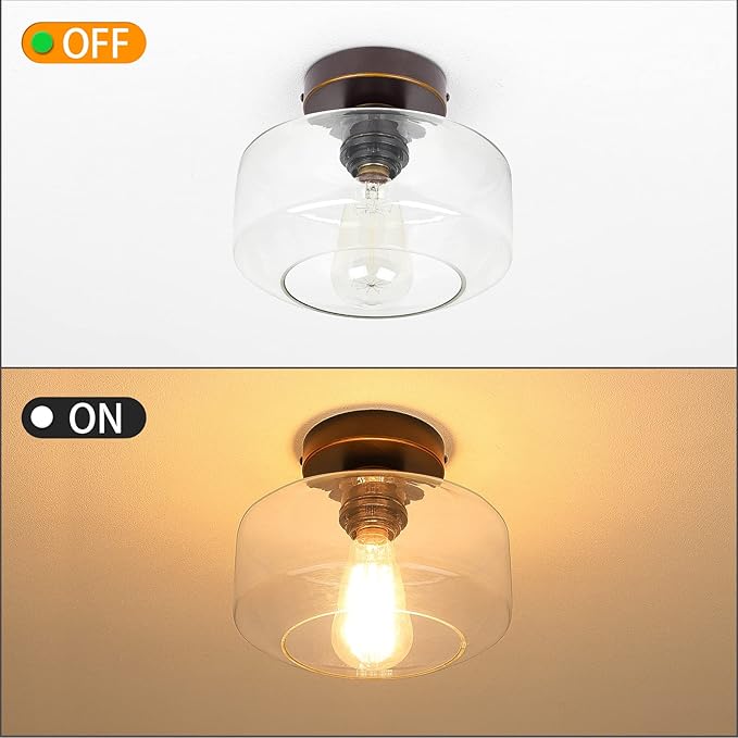 MAXvolador Industrial Semi Flush Mount Ceiling Light, Clear Glass Pendant Lamp Shade, Oil Rubbed Bronze Farmhouse Lighting, Hanging Light Fixture