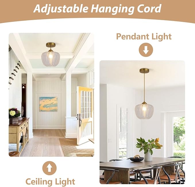 KCO Lighting Clear Glass Pendant Lights Kitchen Island Light Fixture Vintage Ribbed Glass Ceiling Light Antique Brass Pendant Light Gold Globe Pendant Light Fixture