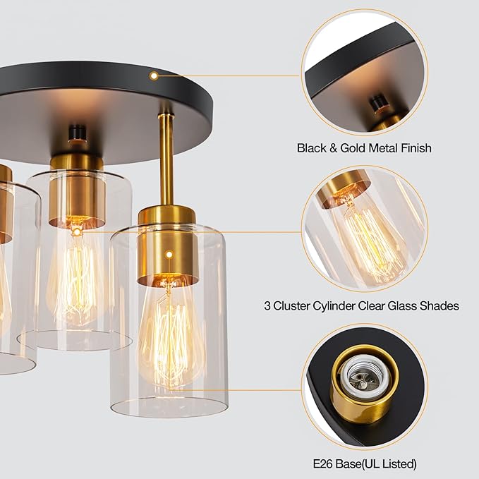 Flush Mount Ceiling Light 3-Light Black Semi Ceiling Light Fixture with Clear Glass Shades, Farmhouse Industrial Gold Brass Kitchen Ceiling Lights for Hallway Entryway Dining Roon Bedroom