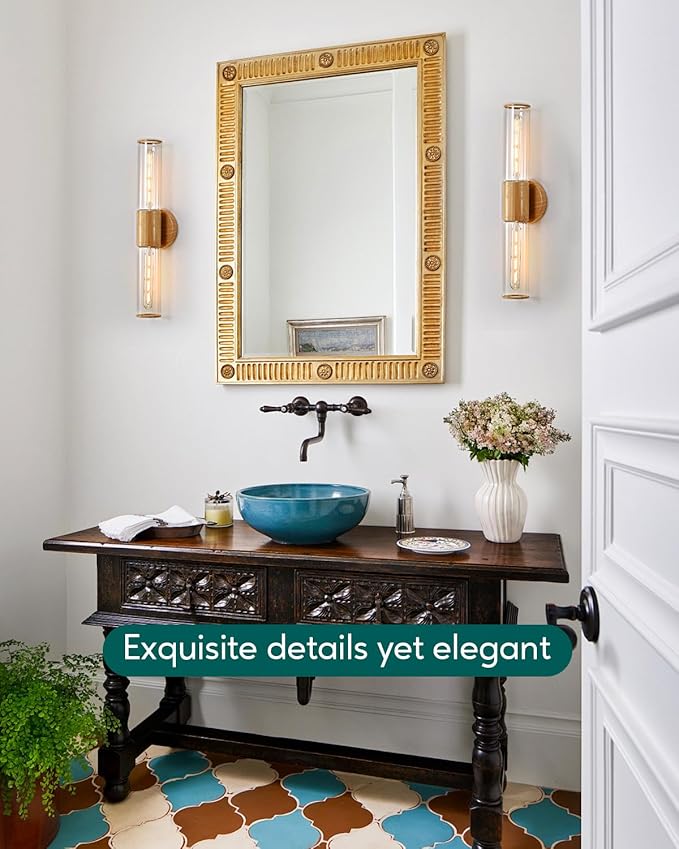 Bathroom Vanity Lighting Fixture, 2-Light Wood Grain Wall Sconce Light Fixture with Clear Glass, E26 Socket Indoor Wall Lamp, Modern Wall Sconce for Mirror Living Room, 2 Pack
