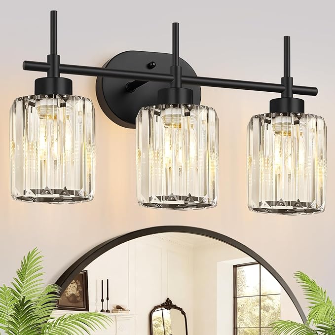 Matte Black Vanity Light, 3-Light Crystal Modern Bathroom Lighting Fixtures Over Mirror, Black Bathroom Vanity Light (Bulbs Not Included)