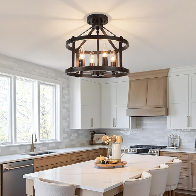 13.5 Inch Black Farmhouse Semi Flush Mount Ceiling Light Fixture,4-Light Rustic Ceiling Mount Lights, Industrial Flush Mount Ceiling Lighting for Kitchen Bedroom Hallway Dining Room Laundry Room
