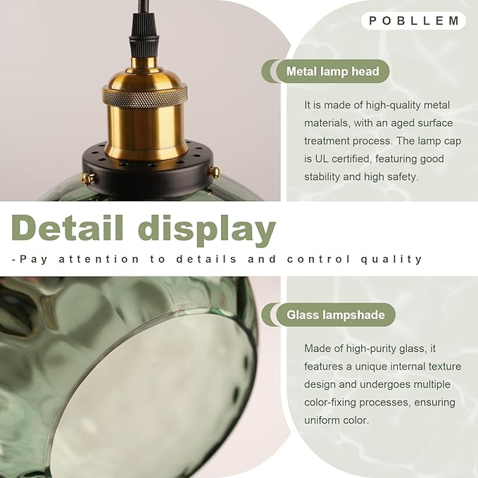 Plug in Vintage Pendant Light Green Glass Boho Hanging Swag Lamp with 13.8-inch Hammered Glass Globe Large Plug in Light Fixture Ceiling Hanging for Kitchen Dining Room Living Room