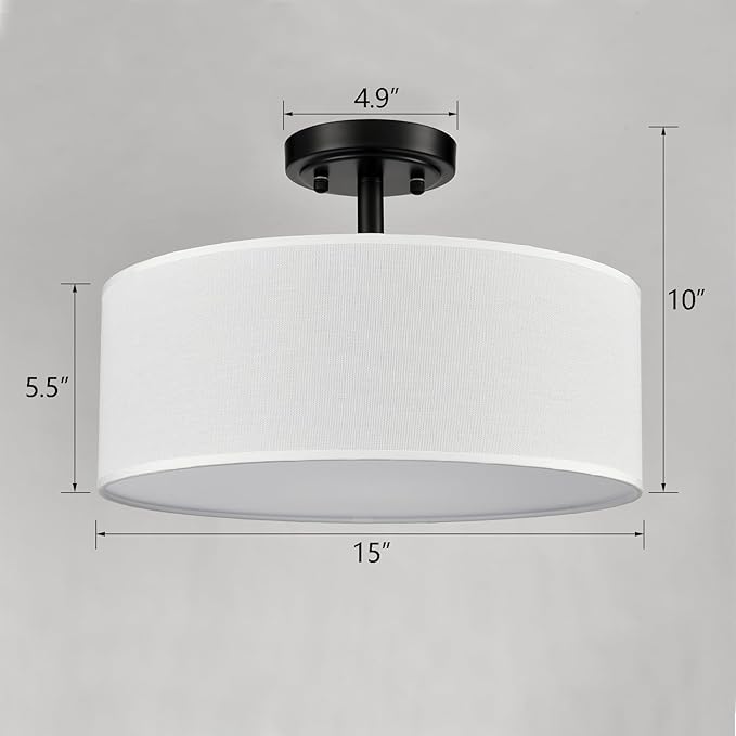 3-Light Black Semi Flush Mount Ceiling Light, 15-Inch Drum Light Fixtures Modern Farmhouse Matte Black Close to Ceiling Lamp for Bedroom Living Room Hallway Kitchen