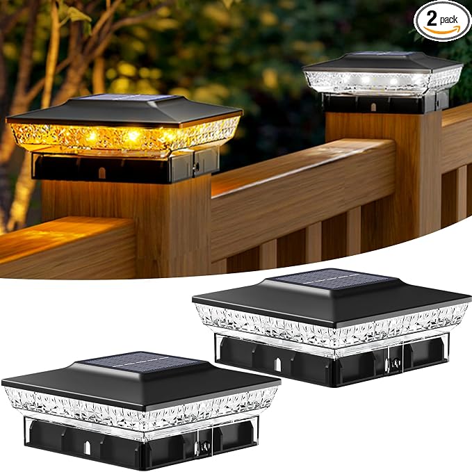 btfarm 2 Pack Solar Post Cap Lights Outdoor, 2 Color Modes 16 LED Fence Post Lights Fit 4x4 3.5x3.5 Wooden/Vinyl, Bright Waterproof Solar Powered Deck Lighting Outside for Patio Porch Garden, Black