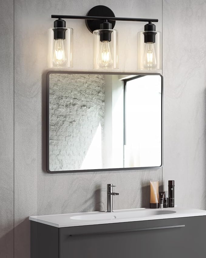 3 Light Bathroom Vanity Light, Black Vanity Lights for Bathroom, Modern Light Fixtures Over Mirror with Clear Glass Shade, Wall Sconce Lighting for Bedroom Living Room Hallway