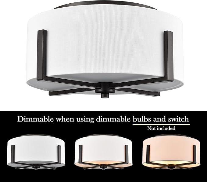 Flush Mount Ceiling Light Fixture with Linen Shade Oil Rubbed Bronze 2- Light Drum Ceiling Light Modern Light Fixture for Bedroom Living Room Kitchen