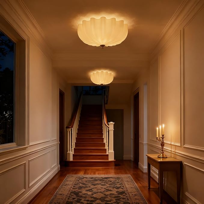 Gold Flush Mount Ceiling Light, 3-Light Hallway Light Fixtures, 15.7'' Vintage Brushed Brass Glass Ceiling Lights with Milky Glass Flower Shade for Entryway Dining Living Room Foyer