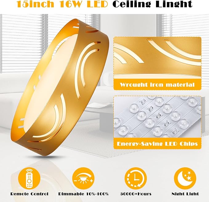 Modern Dimmable LED Flush Mount Ceiling Light with Remote, 2400LM 2700K-6500K Adjustable 12 Inch Bedroom Ceiling Light with Night Light for Kitchen Hallway Bathroom Living Room (Gold, Arc)