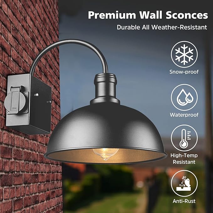 Bdrofn 2-Pack Outdoor Wall Sconces, Exterior Farmhouse Gooseneck Barn Light, Vintage Matte Black Outside Wall Lighting Fixture, Anti-Rust Waterproof Outdoor Light for House Porch Garage Entryway