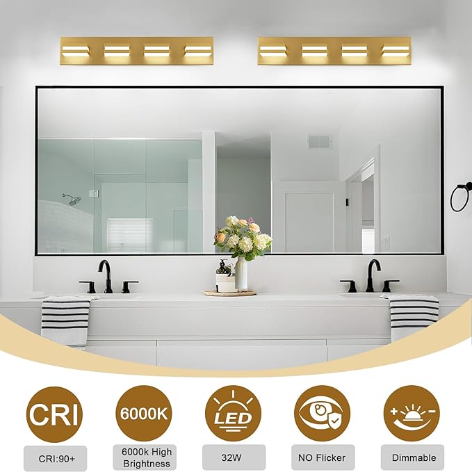 IZORRO LED Modern Bathroom Lights Fixtures(4-Light,Dimmable,360°Rotate),Brushed Glod Acrylic Wall Lighting,Vanity Lights for Bathroom Over Mirror - 6000k 24In （No Assembly Required）