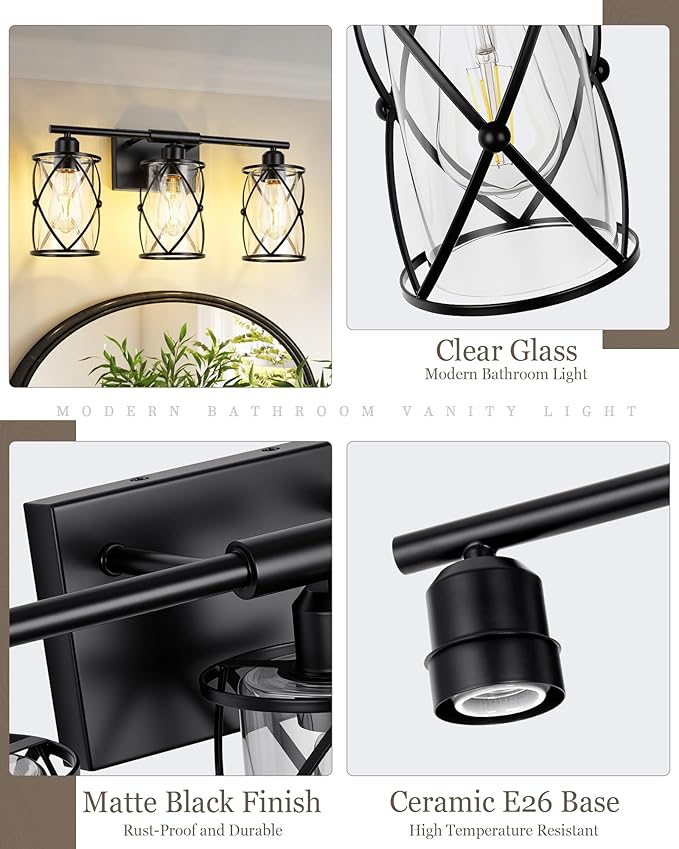 3-Light Black Bathroom Light Fixtures, 21 Inch Modern Bathroom Vanity Lighting Fixtures Over Mirror with Clear Glass and Metal Cage Wall Sconce Lights for Bath, E26, CH9176BK-3W