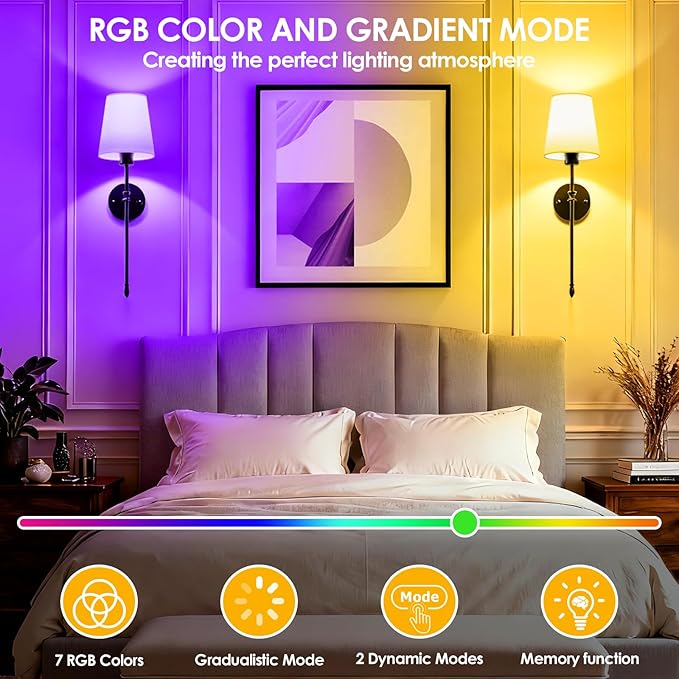 OCATO Battery Operated Wall Sconce: 10000mAh Wireless Wall Sconces Set of Two Rechargeable Lamp Dimmable Magnetic Lights with 7 RGB Colors and Remote Walls Decor for Bedroom Living Room Hallway