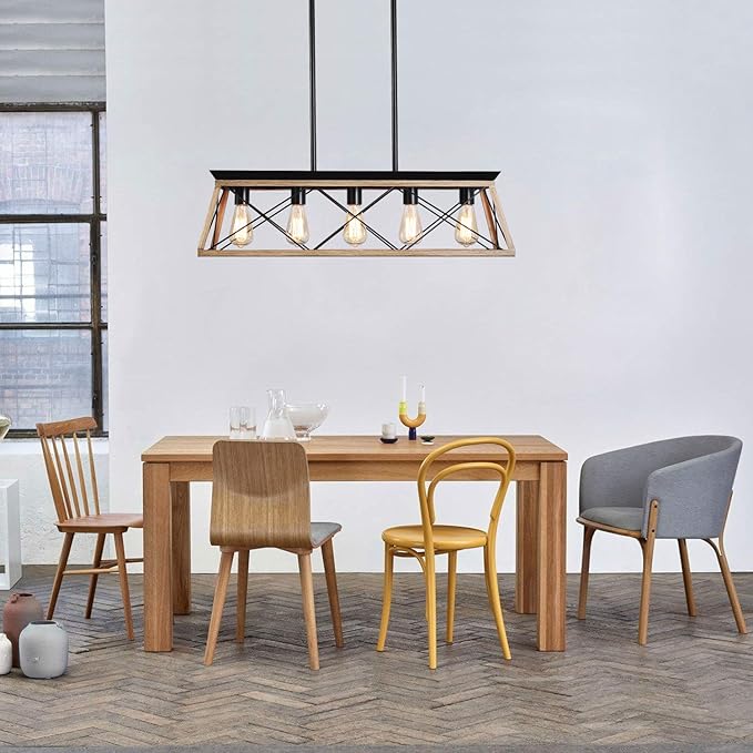 Farmhouse Chandeliers for Dining Room, Rustic Kitchen Island Light Fixture, 5-Light Linear Pendant Lighting Rectangular Chandelier, Metal Solid Ceiling Lights