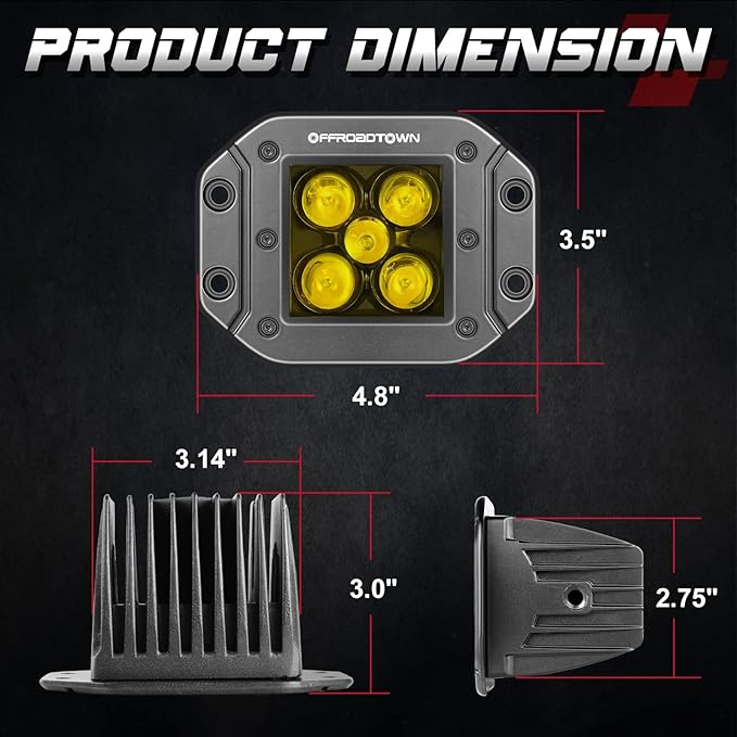 OFFROADTOWN 5 Inch Yellow Flush Mount LED Pods 2PCS 100W CREE LED Light Pods Spot Beam Off Road Driving Lights Fog Lights Reverse Lighting for Truck UTV ATV SUV Honda Chevy Boat