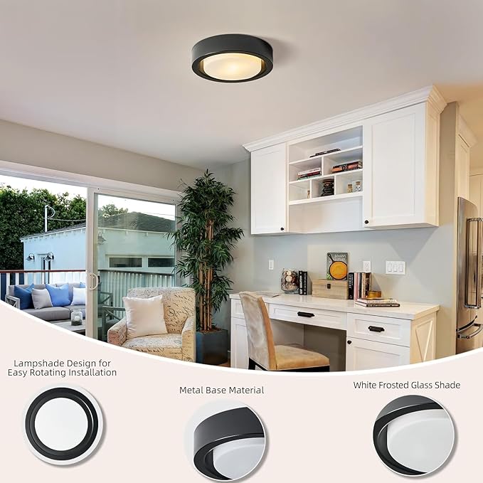 COTULIN Black Flush Mount Ceiling Light,13 Inch Matte Black Ceiling Lighting Fixture,2-Light Modern Round Metal Lamp with White Frosted Glass Shade for Hallway Bedroom Closet Outdoor