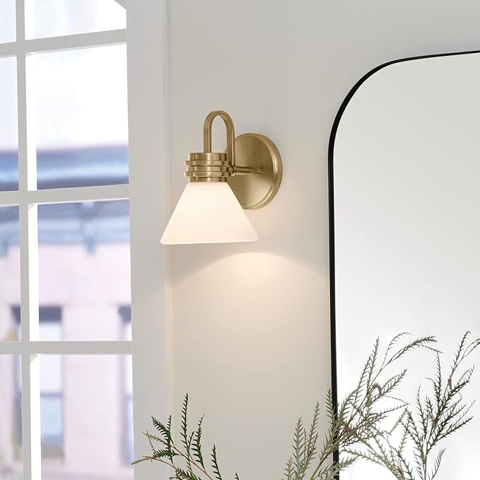 Kichler Farum 9.5 Inch 1 Light Wall Sconce with Opal Glass in Champagne Bronze, for Fireplace, Kitchen, Bedroom, Hallway, or Vanity, (7.25" W x 9.5" H), 55153CPZ
