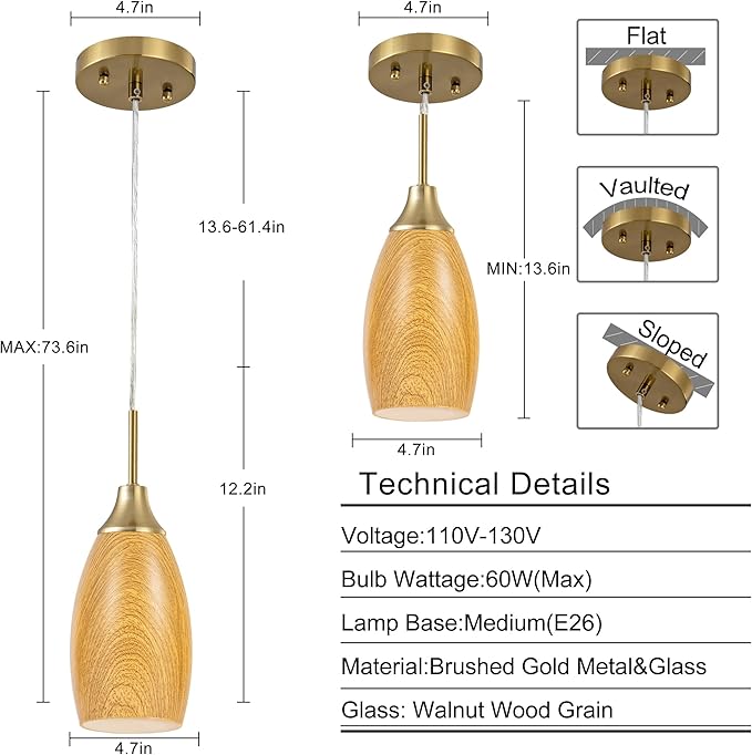 Viinew Mini Glass Pendant Light 4.72" Walnut Wood Grain Pendant Lights 3-Pack Handblown Art Oval Glass Hanging Pendant Light for Kitchen Island Dining Room Living Foyer Hallway Entry Brushed Gold
