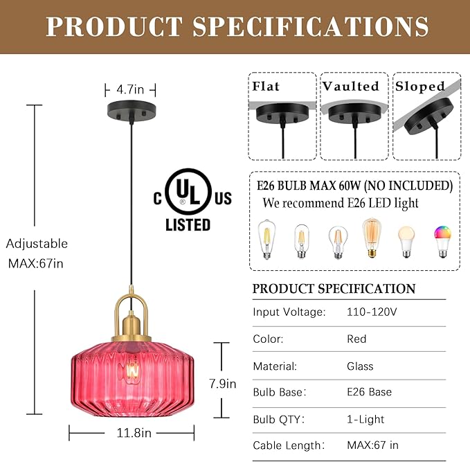 11.8in Mid Century Modern Wine Red Glass Pendant Light Fixture, Large Gold Kitchen Island Pendants Light Glass Ceiling Hanging Lamp for Foyer Dining Room Bedroom Entryway Hallway Over Sink