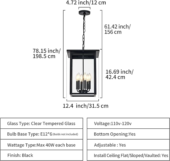 Outdoor Chandelier Modern Pendant Light,6 Light Black Exterior Ceiling Hanging Lanterns with Clear Glass, Farmhouse Outdoor Chandelier for Front Door Entry Patio, (Bulb Not Included)