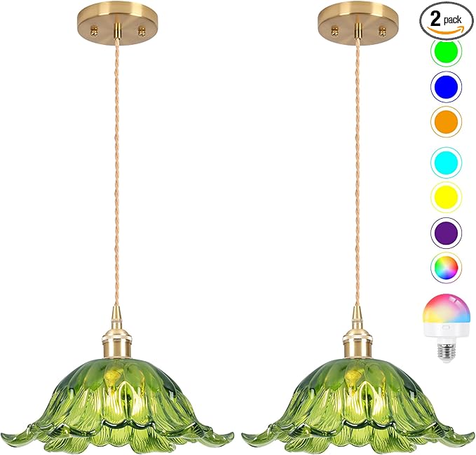 Battery Operated Pendant Light,Green Chandelier 2500mAh RGB Light Bulb 11in Vintage Light Fixtures with Remote Control Wireless Adjustable Rechargeable Chandelier for Kitchen Island Hallway 2pack