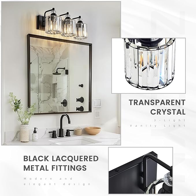 3-Light Black Bathroom Light Fixtures Over Mirror Modern Vanity Lights Crystal Wall Sconce Vintage Bathroom Lighting with Crystal Shade E26 Base for Bedroom, Living Room, Hallway