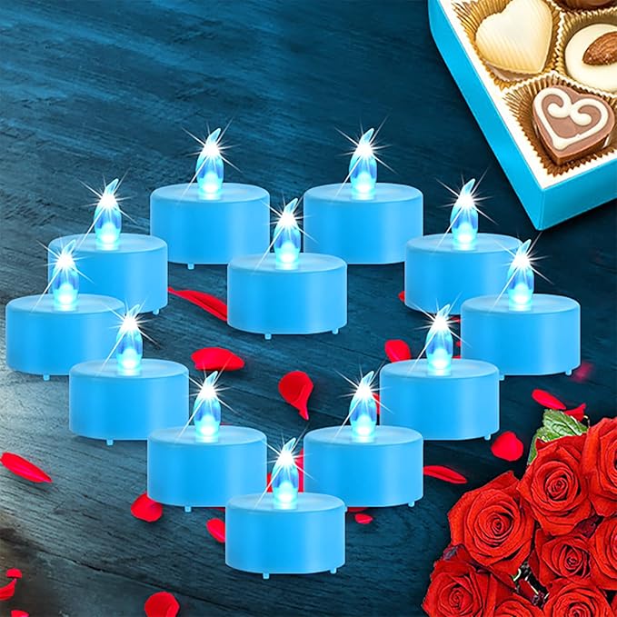 Flameless Tea Lights Candles, Battery Operated Led Electric Fake Candle, 50 Pack Realistic Flickering Votive Tealight Bulk, Long Lasting 200+ Hours,for Wedding Party Home Decorations (Blue)