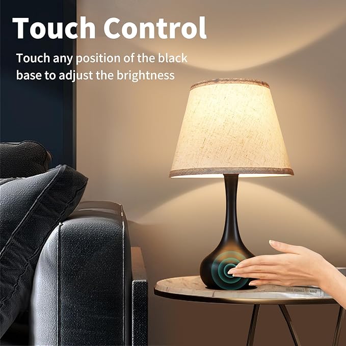 ONEWISH Touch Bedside Lamp Set of 2, Farmhouse 3-Way Dimmable Table Lamps for Nightstand with Fabric Shade, Desk Lamp for Reading, Bedroom, Livingroom, Office