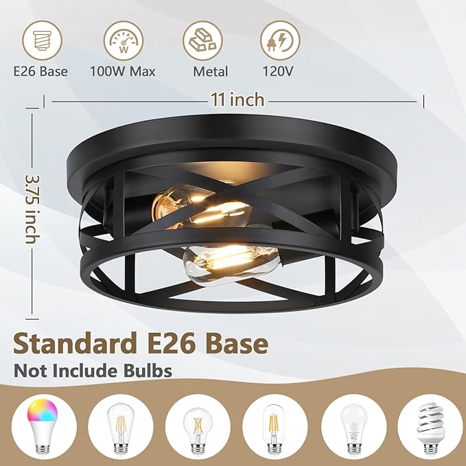 Bosceos 2-Light Flush Mount Ceiling Light Fixtures, 2-Pack Farmhouse Black Ceiling Lights, Industrial Metal Cage Light Fixtures with Adjustable Head for Bedroom Hallway Kitchen