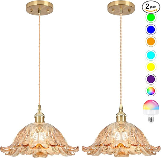 Battery Operated Pendant Light,Amber Chandelier RGB Light Bulb 2500mAh 11in Vintage Light Fixtures with Remote Control Wireless Adjustable Rechargeable Chandelier for Kitchen Island Hallway 2pack
