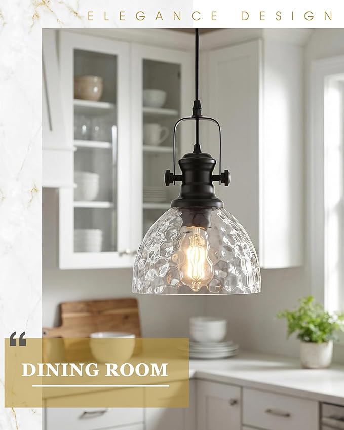 Black Pendant Lights Kitchen Island, 7.5" Farmhouse Pendant Lighting with Hammered Glass Shade, Vintage Hanging Light Fixtures for Dining Room Entryway, Adjustable Cord, AD-22151-1P-BK-H