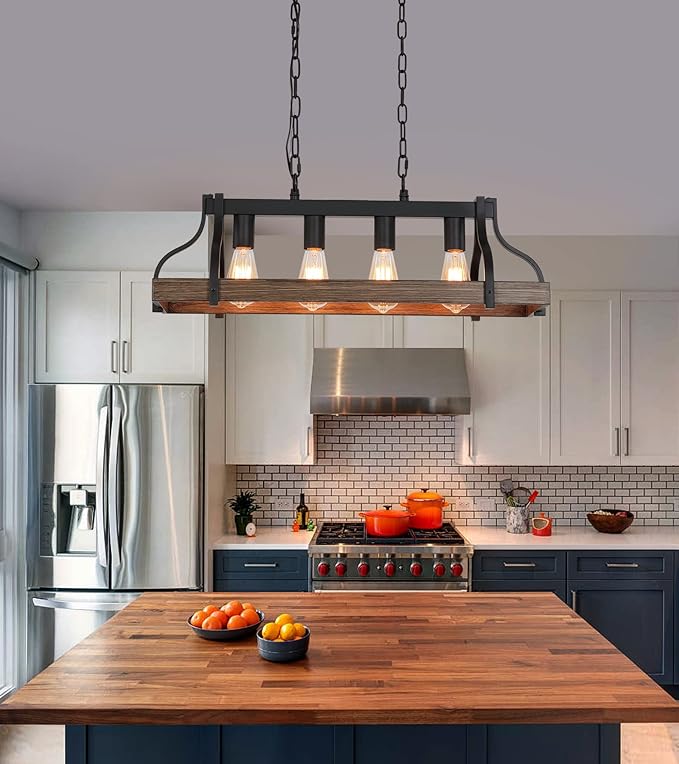 MEIXISUE Rustic Kitchen Island Dining Room Light Fixture Farmhouse Linear Chandelier Black and Retro Wood Finish 4-Light Industrial Metal Hanging Pendant Light UL Listed L28.3 W10.6