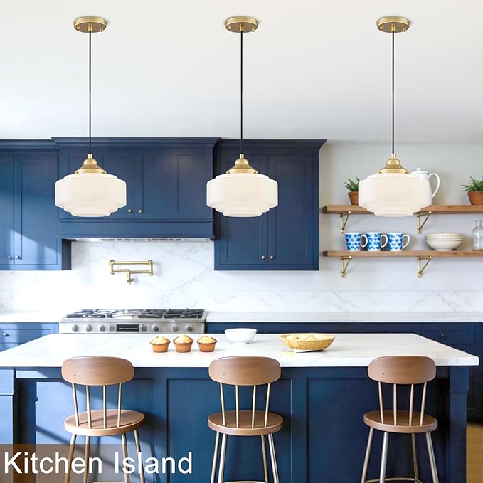 Milk Glass Pendant Light 9.84" Vintage Schoolhouse Chandelier Gold Mid Century Modern Pendant Lighting Fixture for Kitchen Island Dining Room Living Room Hallway, Adjustable Height (E26)