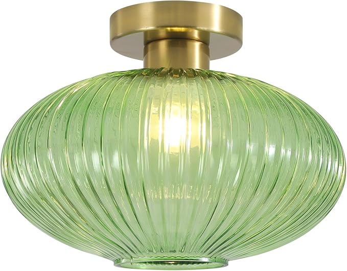 BOKT Green Stripe Glass Semi Flush Mount Ceiling Light 1-Light Mid-Century Modern Close to Ceiling Light Kitchen Ceilings Light Fixture E26 Glass Ceiling Lamp for Bedroom Hallway
