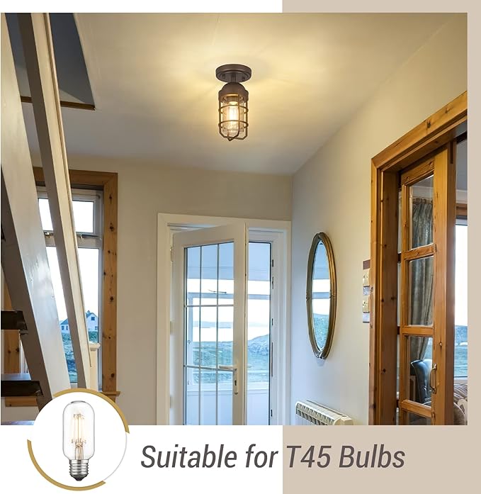 Emliviar Farmhouse Ceiling Light, Vintage Semi Flush Mount Light for Indoor, Security Light with Clear Tempered Glass, Oil Rubbed Bronze Finish, GE255F ORB