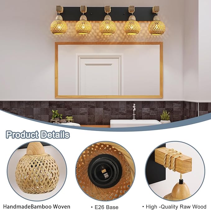 LmnLvn 5-Light Boho Vanity Light, Farmhouse Bathroom Light Fixture, Rattan Bathroom Light Fixture Over Mirror Rustic Vanity Lighting with Handmade Bamboo Shades, Suit for Restroom, Bedroom, Hallway
