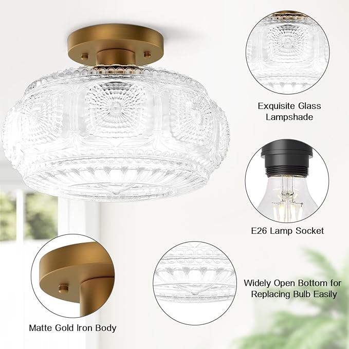 Semi Flush Mount Ceiling Light, Upgraded Larger Gold Glass Ceiling Light Fixture, Vintage Lighting for Hallway Kitchen Bedroom Dining Room, Bulb Not Included